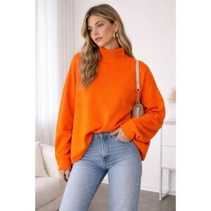 STYLEWE Orange Knit Sweater Womens Pullover Mock Neck Oversized Knit Top